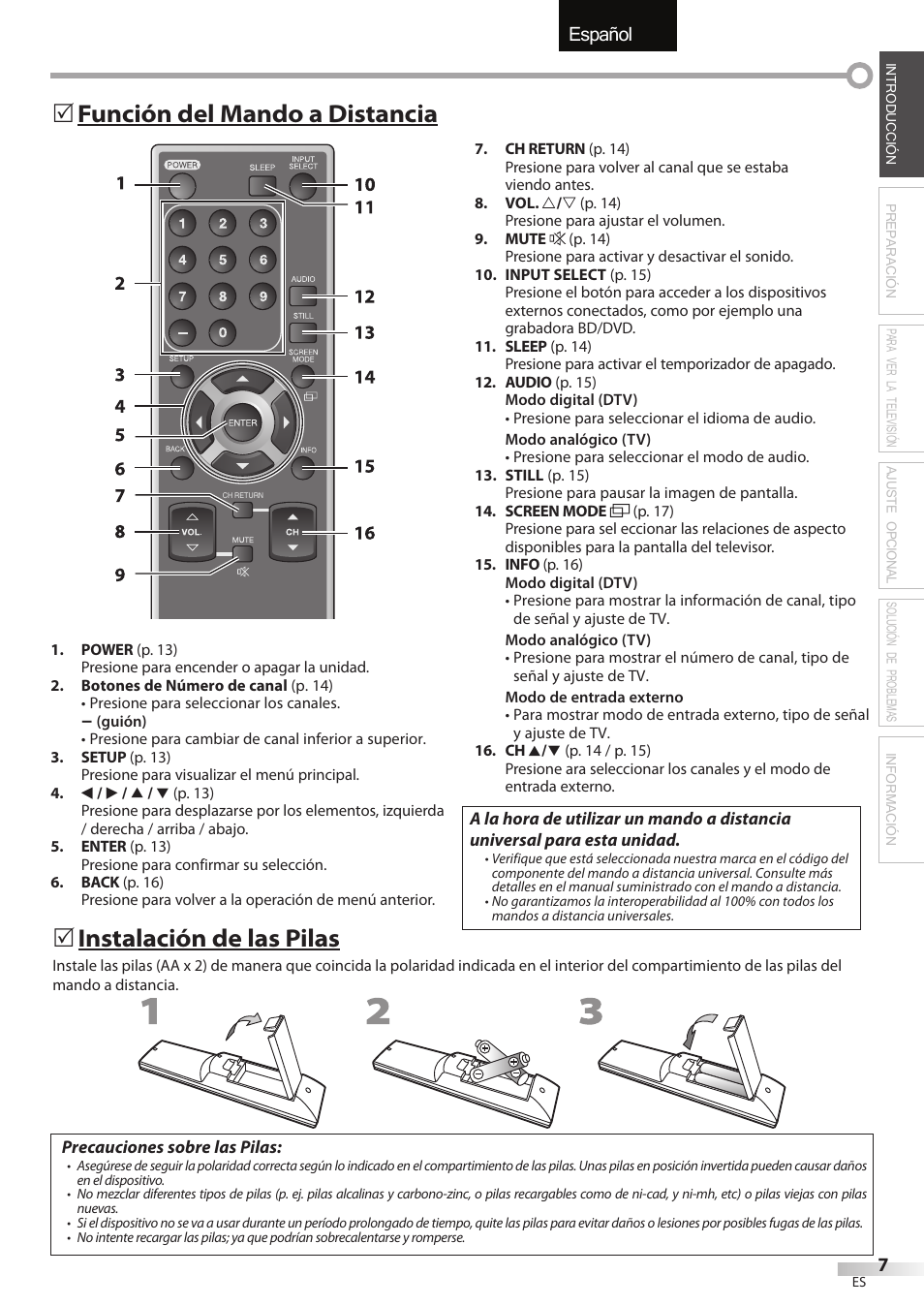 English español français, Función del mando a distancia 5, Instalación de las pilas | Sylvania LC195SSX User Manual | Page 83 / 115