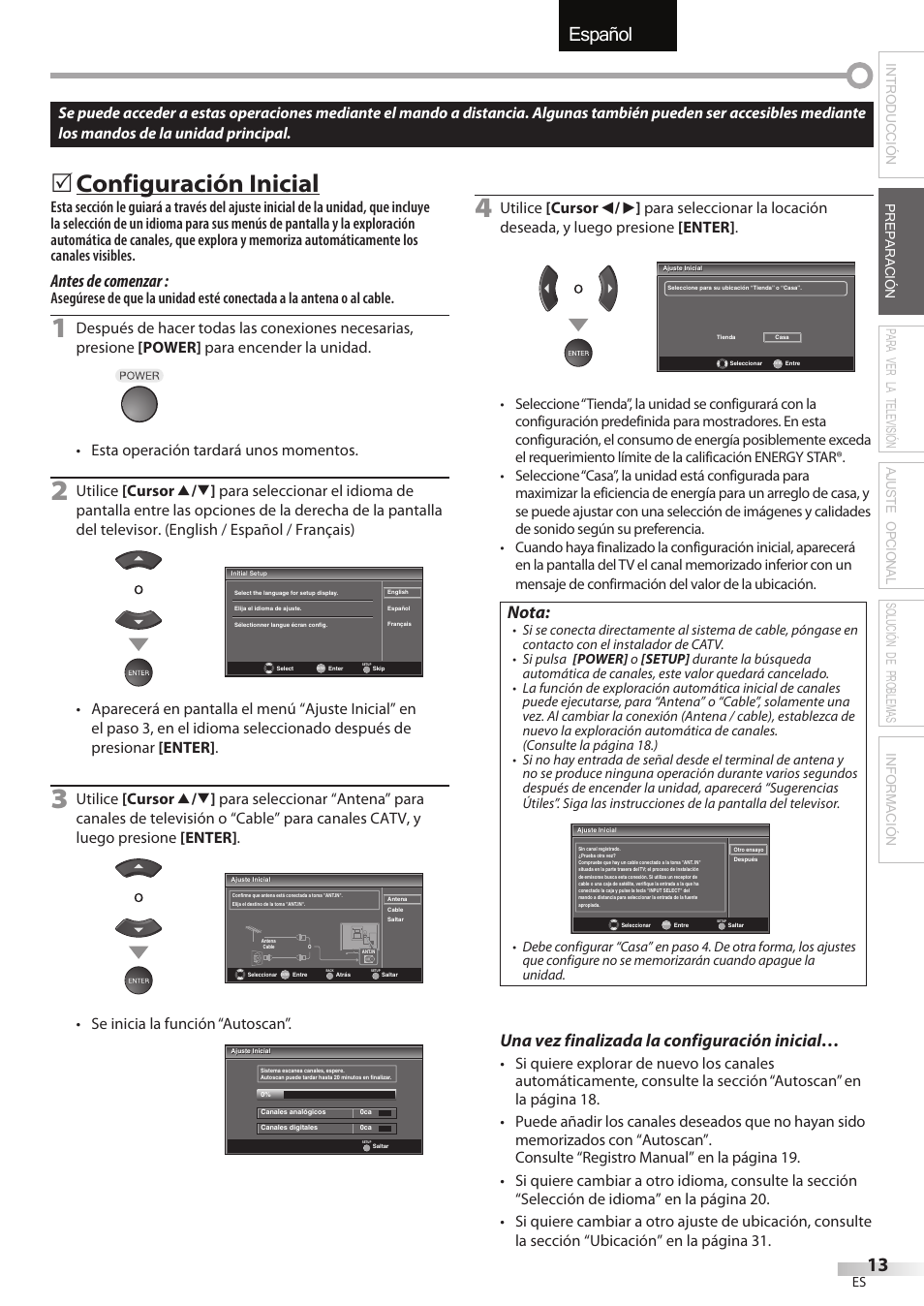 English español français, Configuración inicial, Antes de comenzar | Nota, Una vez finalizada la configuración inicial, Se inicia la función “autoscan | Sylvania LC195SSX User Manual | Page 89 / 115