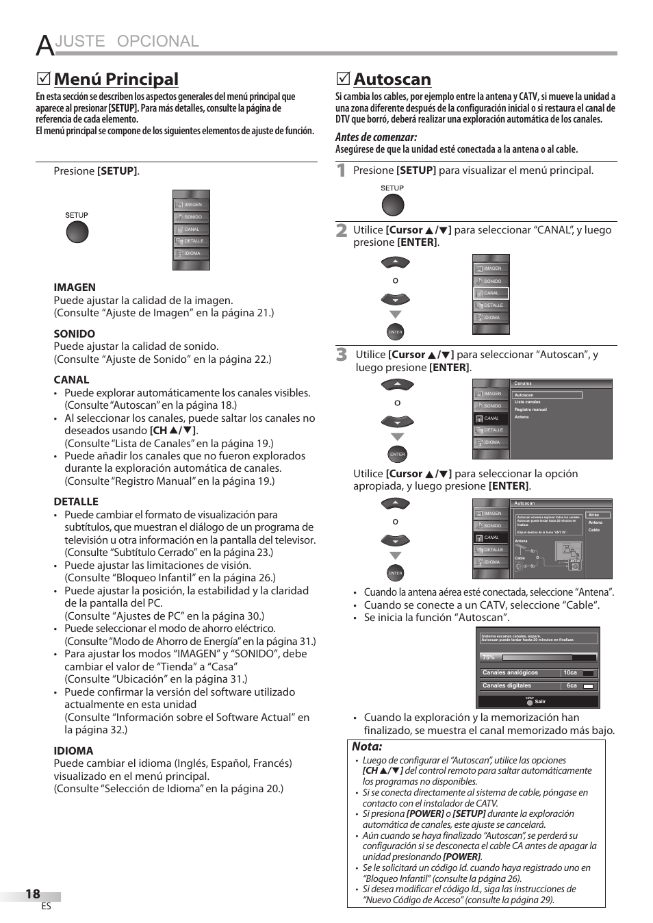 Juste opcional, Menú principal, Autoscan | Antes de comenzar, Nota | Sylvania LC195SSX User Manual | Page 94 / 115
