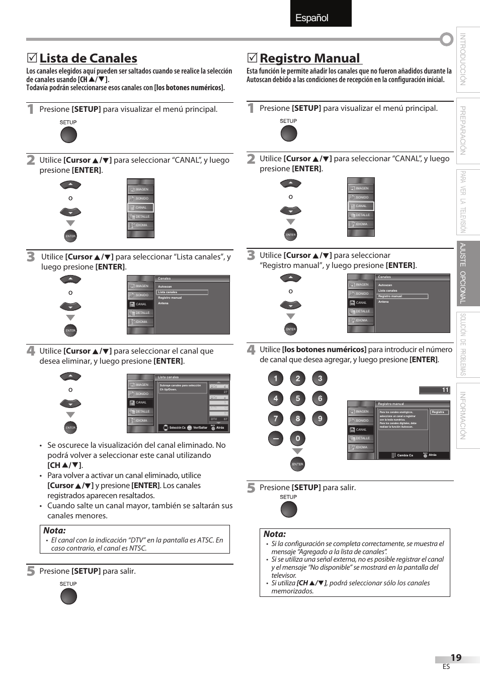 English español français, Lista de canales, Registro manual | Nota, Presione [setup] para visualizar el menú principal, Presione [setup] para salir | Sylvania LC195SSX User Manual | Page 95 / 115