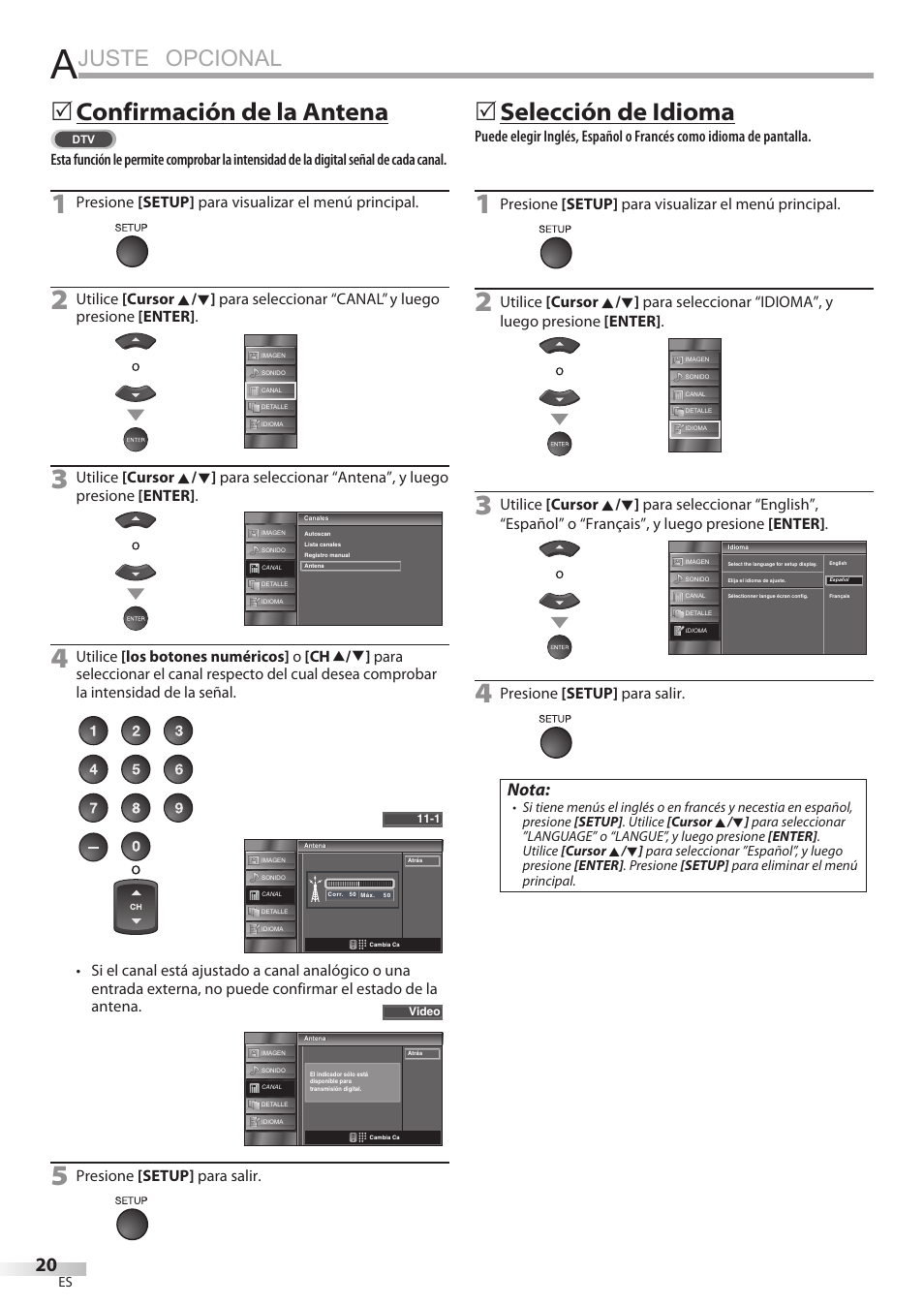 Juste opcional, Confirmación de la antena, Selección de idioma | Nota | Sylvania LC195SSX User Manual | Page 96 / 115