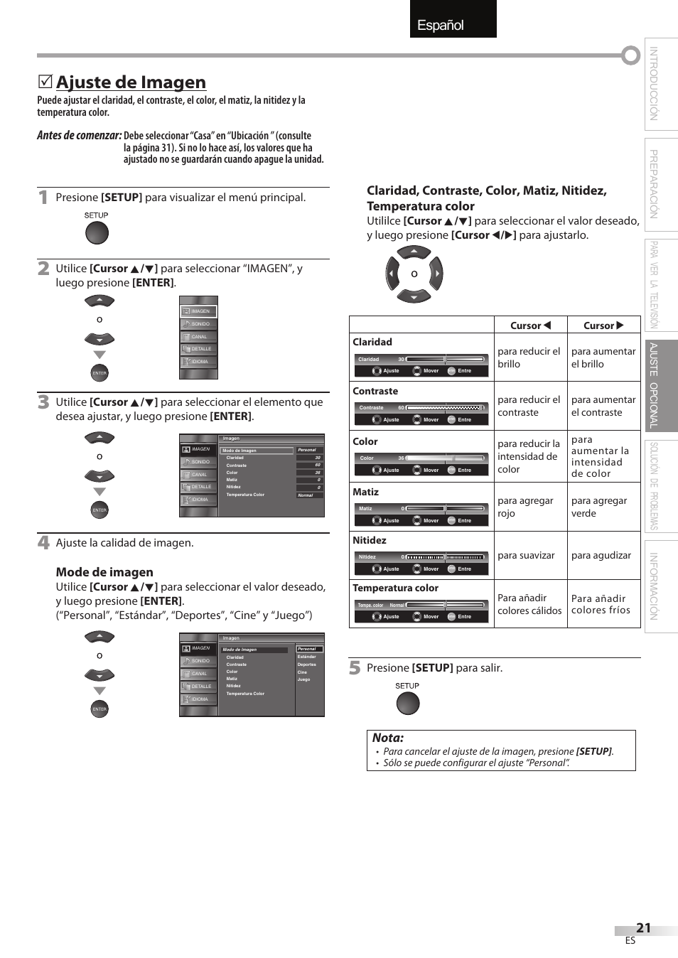 English español français, Ajuste de imagen, Antes de comenzar | Mode de imagen, Nota, Presione [setup] para visualizar el menú principal, Ajuste la calidad de imagen, Presione [setup] para salir | Sylvania LC195SSX User Manual | Page 97 / 115