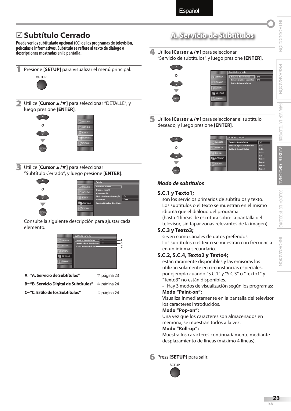 English español français, Subtítulo cerrado, Modo de subtítulos s.c.1 y texto1 | S.c.3 y texto3, S.c.2, s.c.4, texto2 y texto4, Presione [setup] para visualizar el menú principal, Press [setup] para salir | Sylvania LC195SSX User Manual | Page 99 / 115