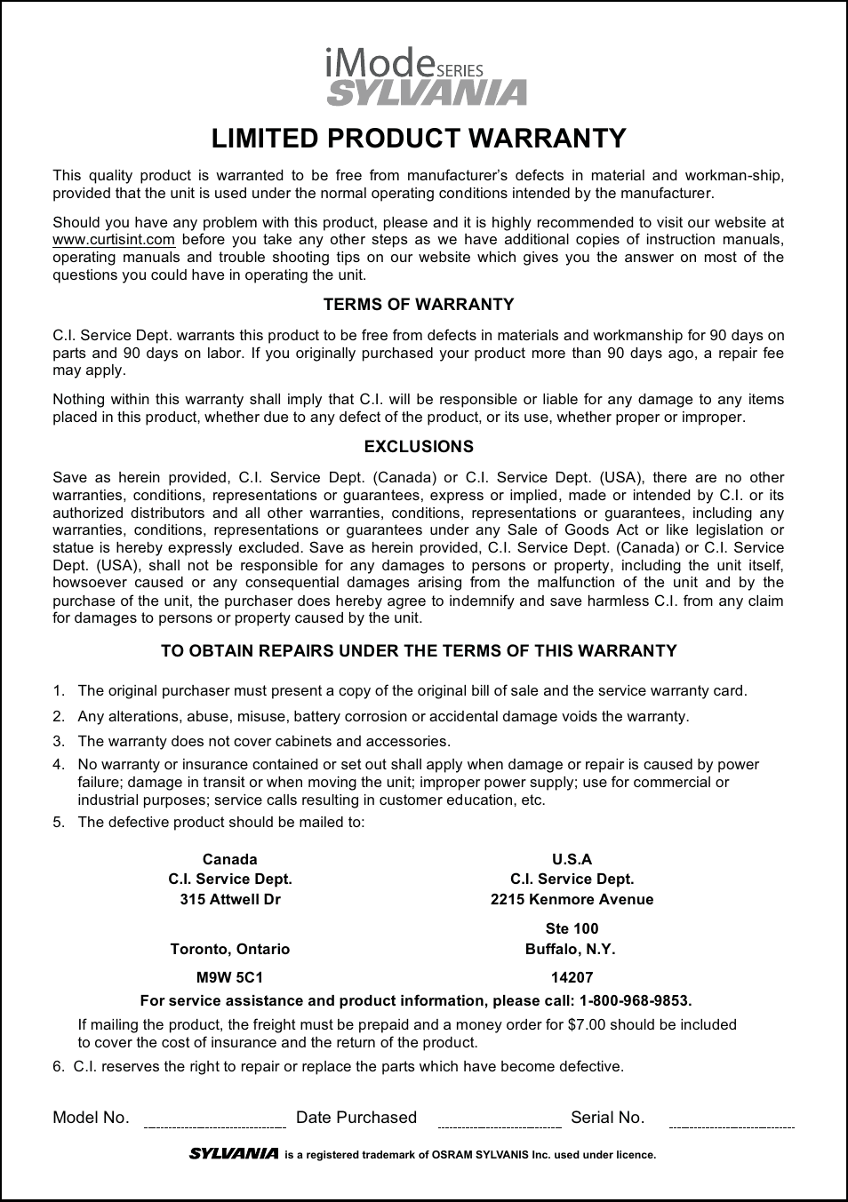 Limited product warranty | Sylvania SIP3045 User Manual | Page 12 / 12