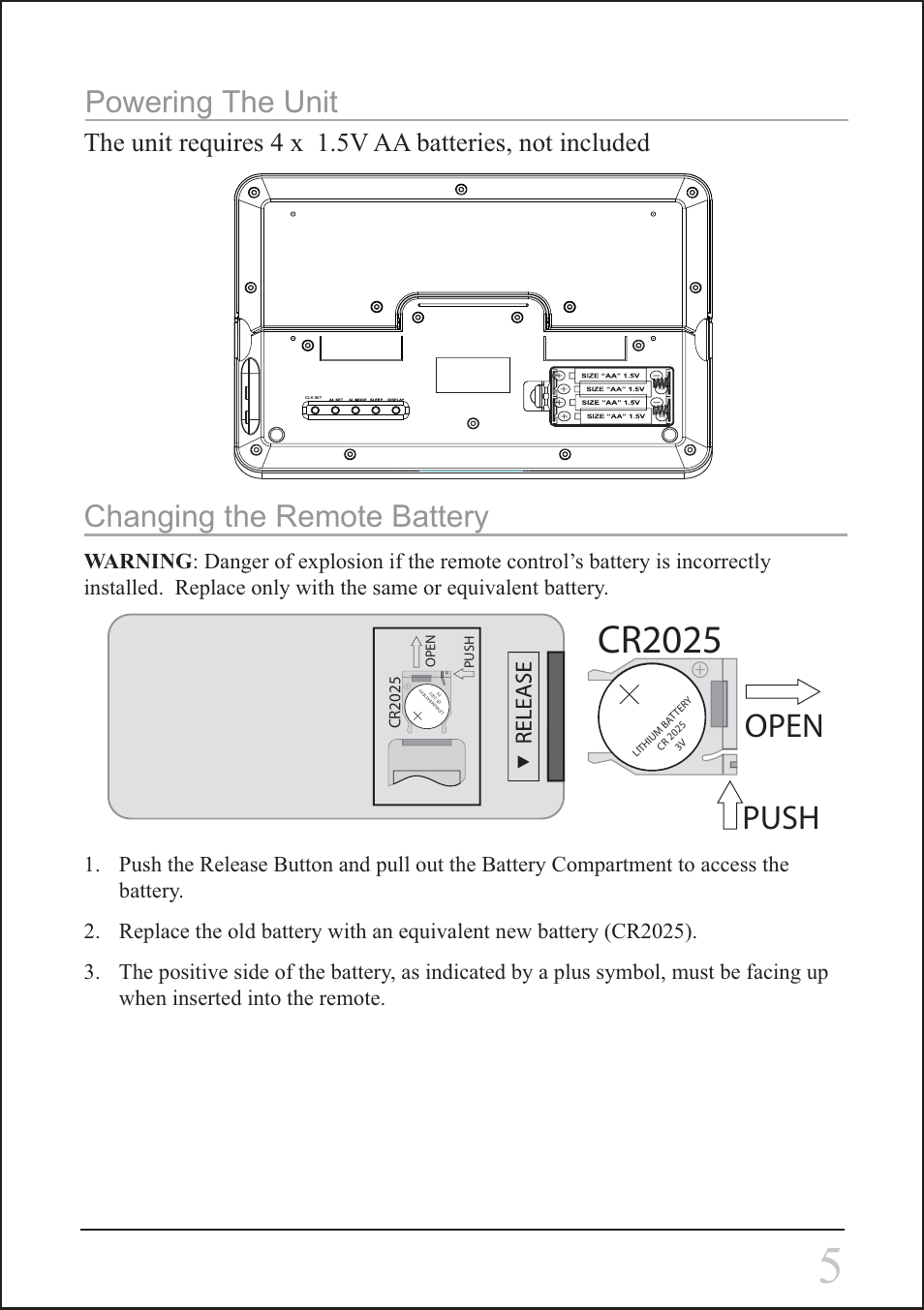 Cr2025, Push open, Changing the remote battery | Powering the unit | Sylvania SIP3045 User Manual | Page 5 / 12