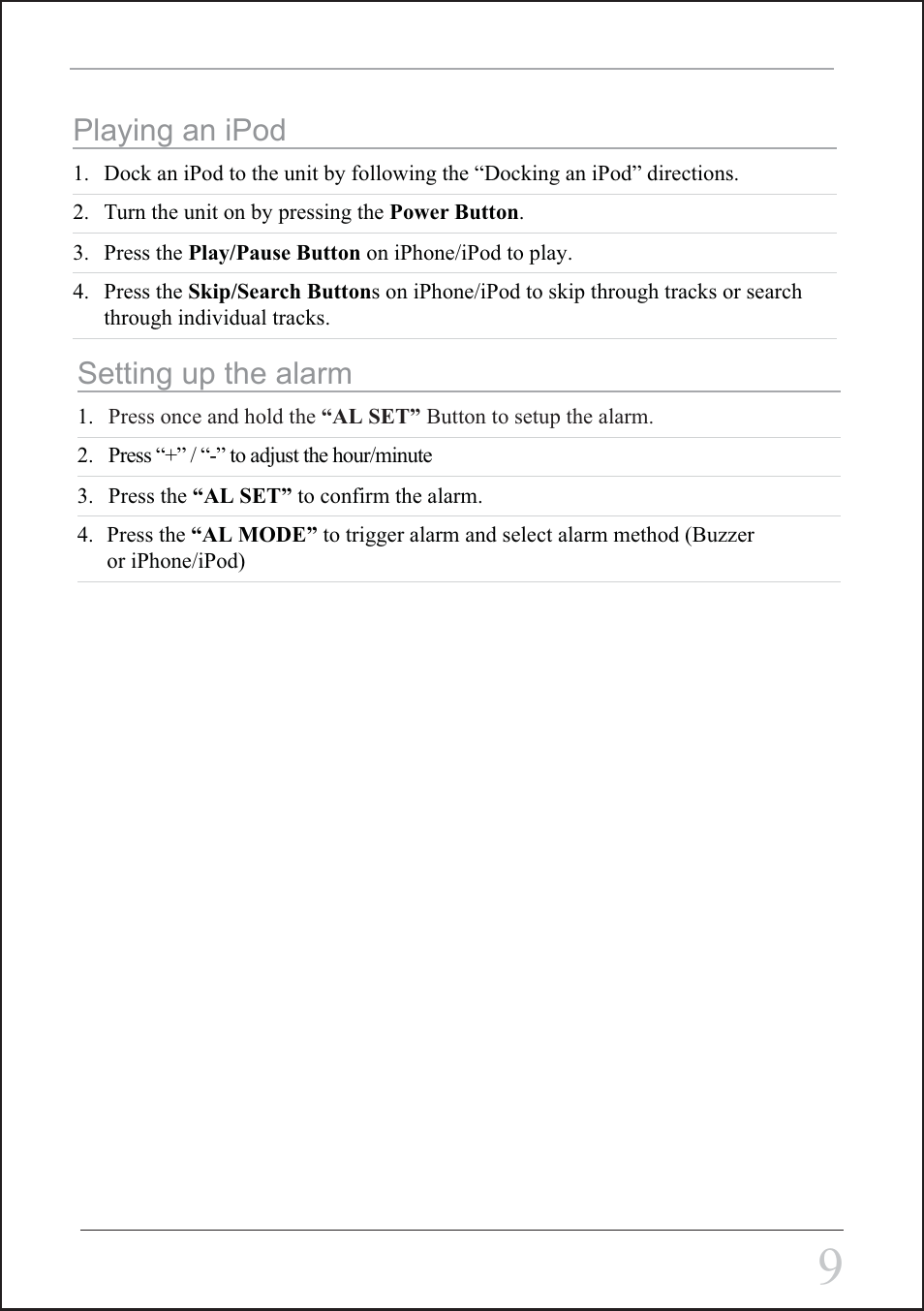 Playing an ipod, Setting up the alarm | Sylvania SIP3045 User Manual | Page 9 / 12