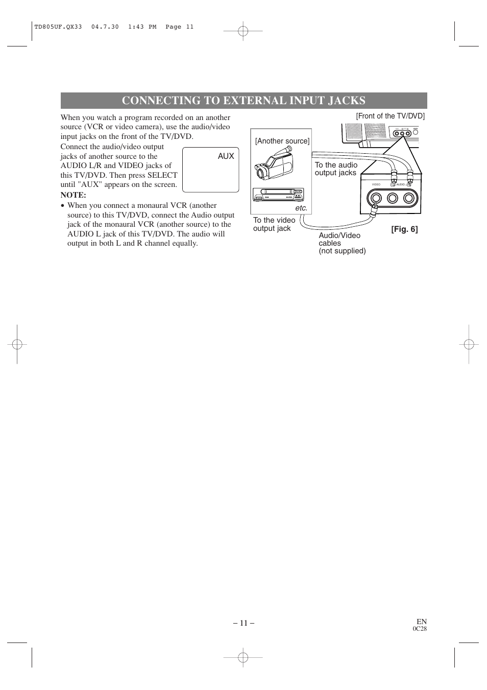 Connecting to external input jacks, Aux [fig. 6 | Sylvania SRTD319 User Manual | Page 11 / 40