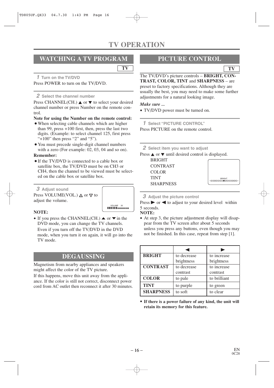 Tv operation, Degaussing, Watching a tv program | Picture control | Sylvania SRTD319 User Manual | Page 16 / 40