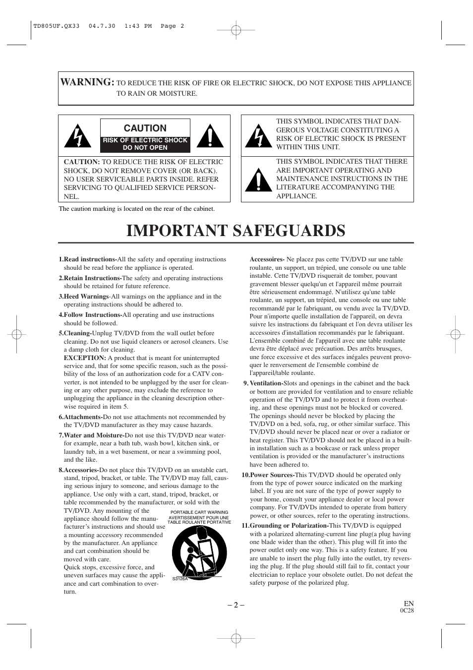 Important safeguards, Warning, Caution | Sylvania SRTD319 User Manual | Page 2 / 40