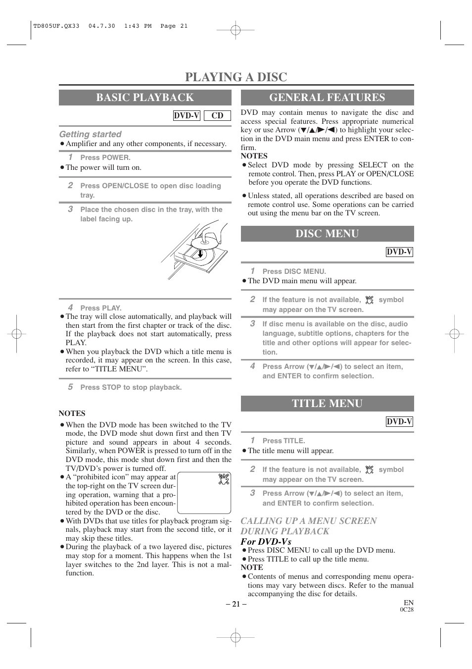 Playing a disc, Basic playback, General features | Title menu, Disc menu | Sylvania SRTD319 User Manual | Page 21 / 40