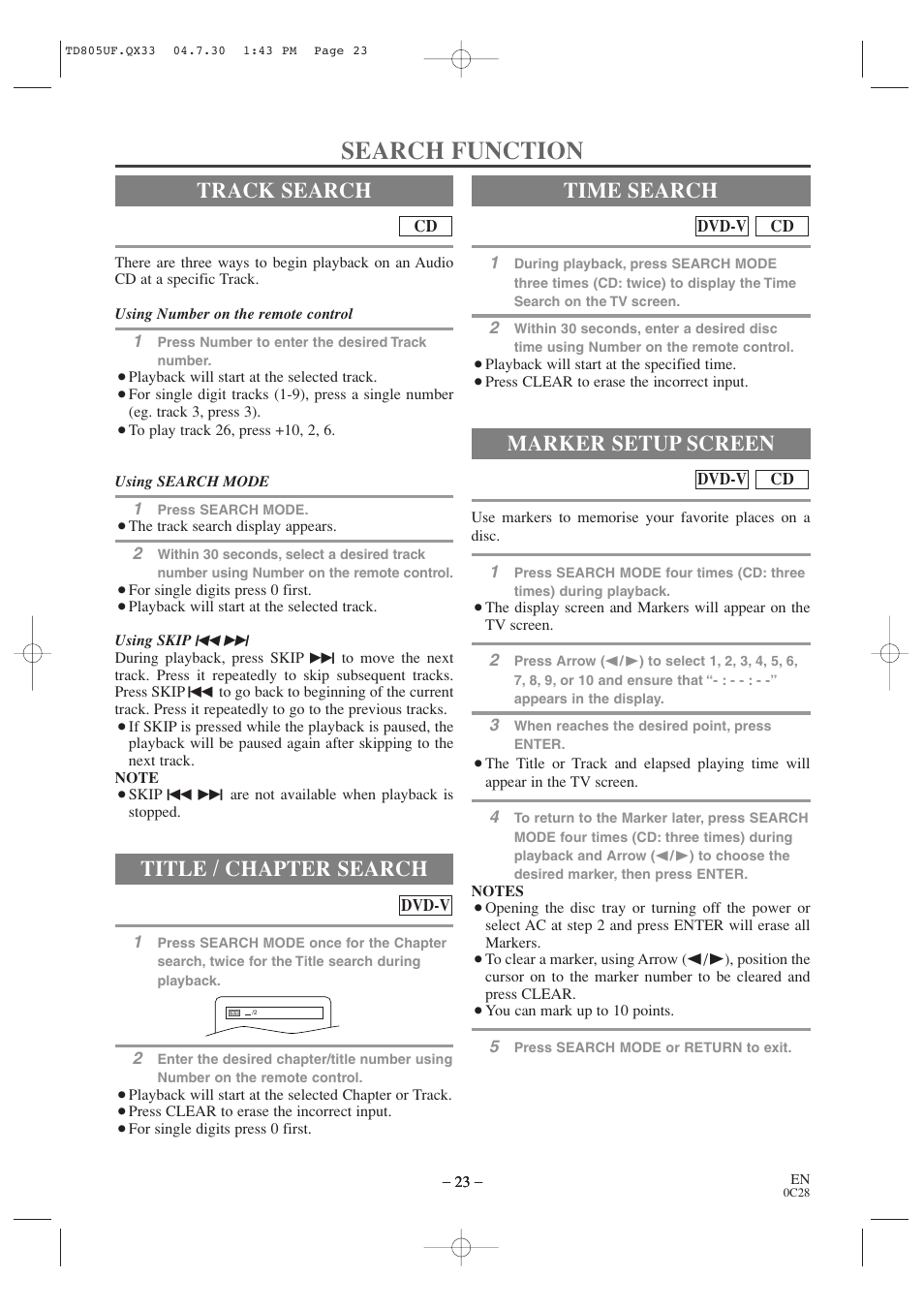 Search function, Track search, Title / chapter search | Time search, Marker setup screen | Sylvania SRTD319 User Manual | Page 23 / 40