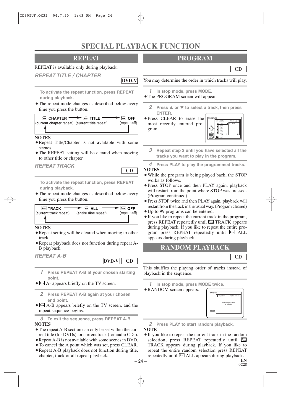 Special playback function, Repeat, Program | Random playback | Sylvania SRTD319 User Manual | Page 24 / 40