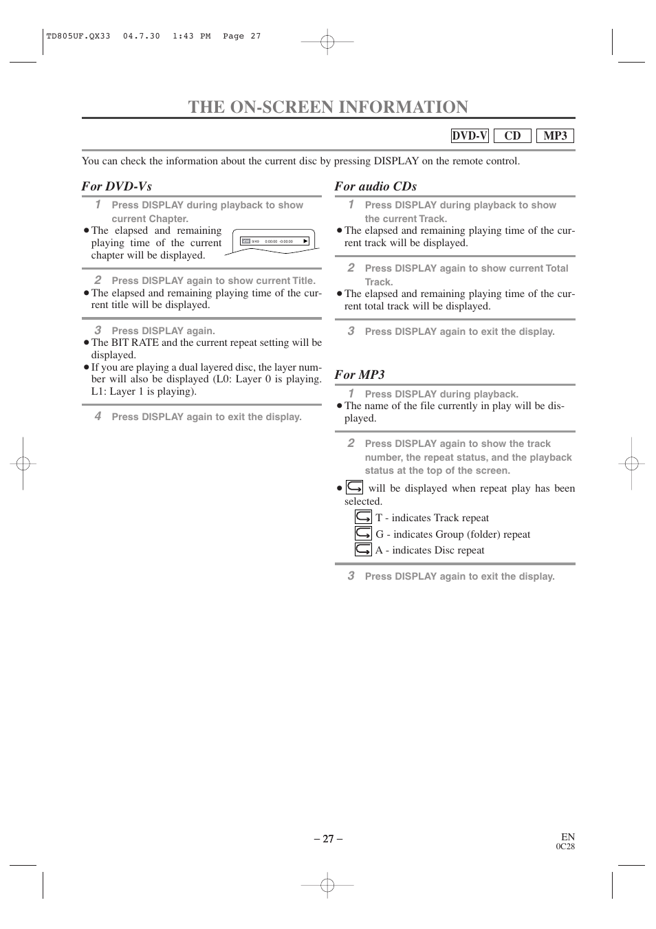 The on-screen information, For dvd-vs, For audio cds | For mp3 | Sylvania SRTD319 User Manual | Page 27 / 40