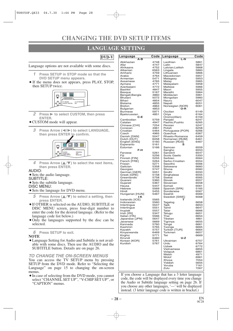 Changing the dvd setup items, Language setting, Dvd-v | Language options are not available with some discs, Custom mode will appear, Audio, Sets the audio language. subtitle, Sets the subtitle language. disc menu, Sets the language for dvd menu | Sylvania SRTD319 User Manual | Page 28 / 40