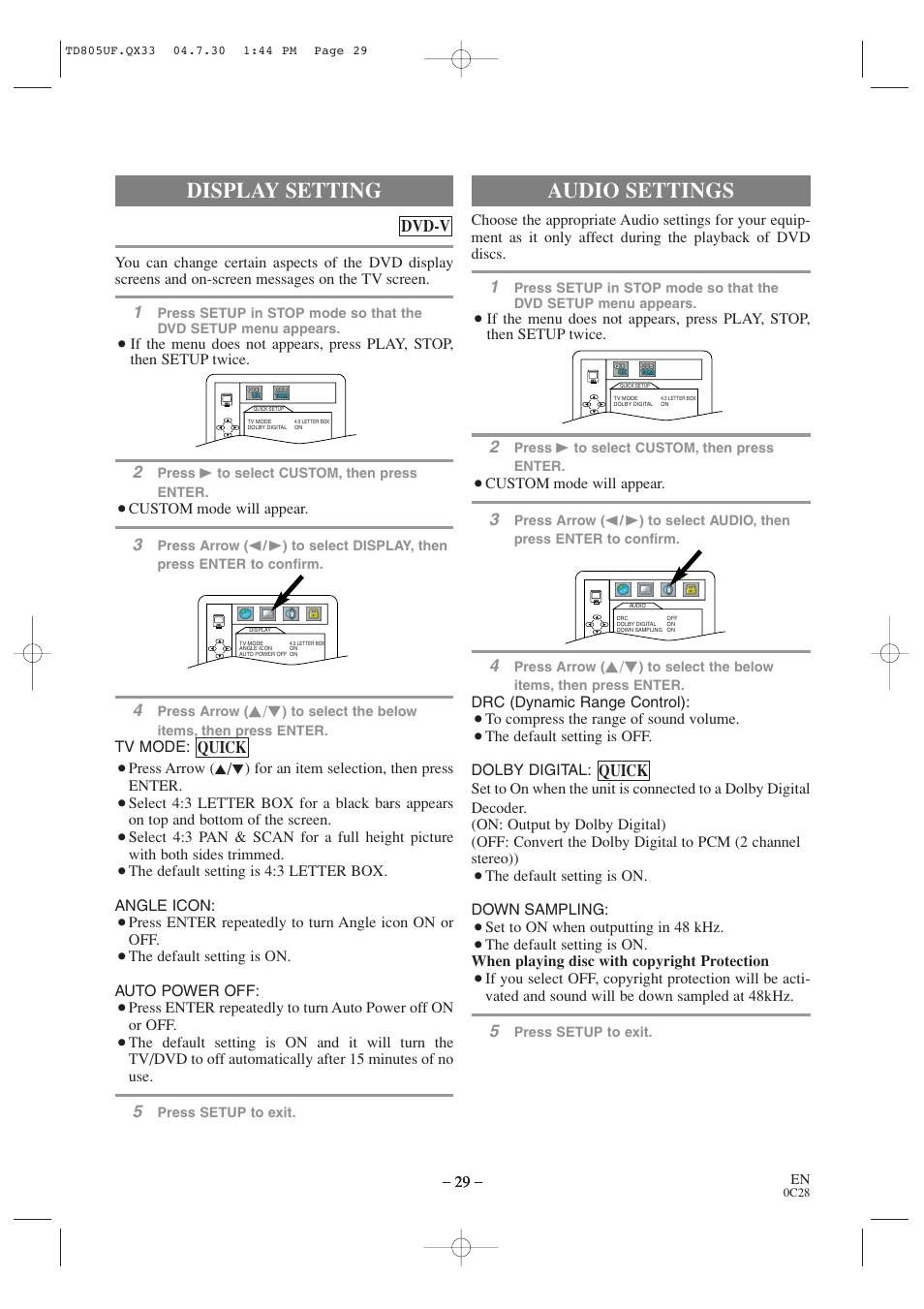 Audio settings, Display setting, Quick | Quick dvd-v | Sylvania SRTD319 User Manual | Page 29 / 40