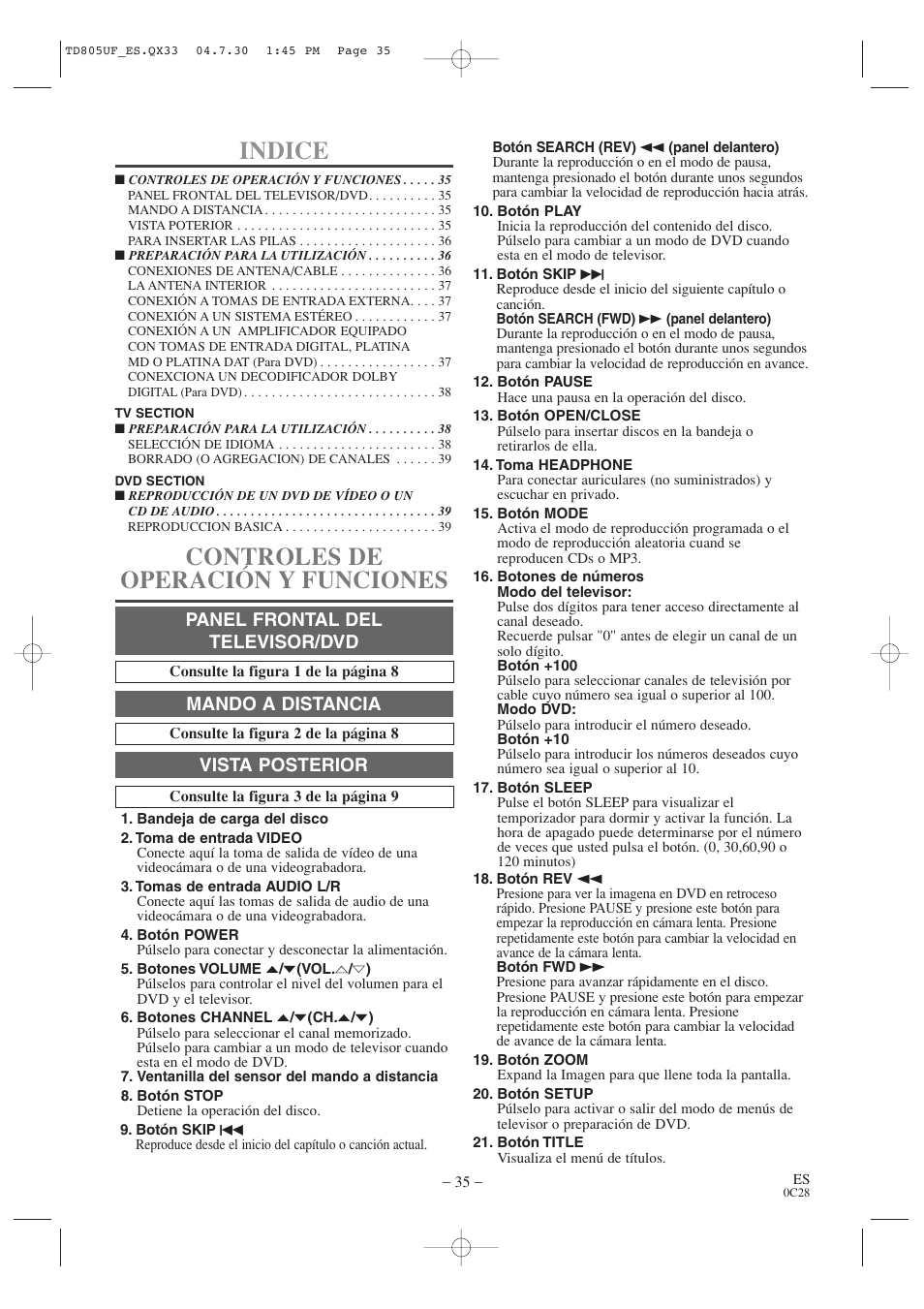 Indice, Controles de operación y funciones, Panel frontal del televisor/dvd | Mando a distancia, Vista posterior | Sylvania SRTD319 User Manual | Page 35 / 40