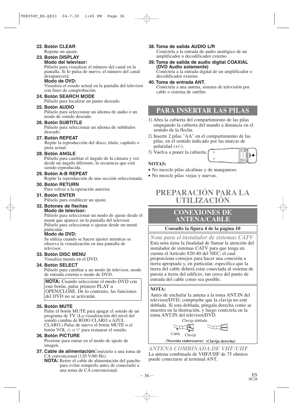 Preparación para la utilización, Para insertar las pilas conexiones de antena/cable | Sylvania SRTD319 User Manual | Page 36 / 40