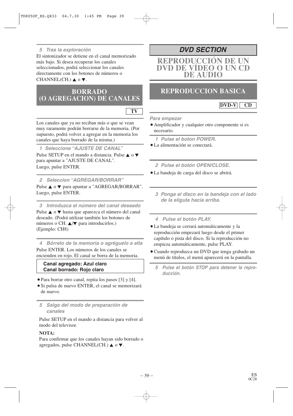 Reproducción de un dvd de vídeo o un cd de audio, Reproduccion basica, Borrado (o agregacion) de canales | Sylvania SRTD319 User Manual | Page 39 / 40