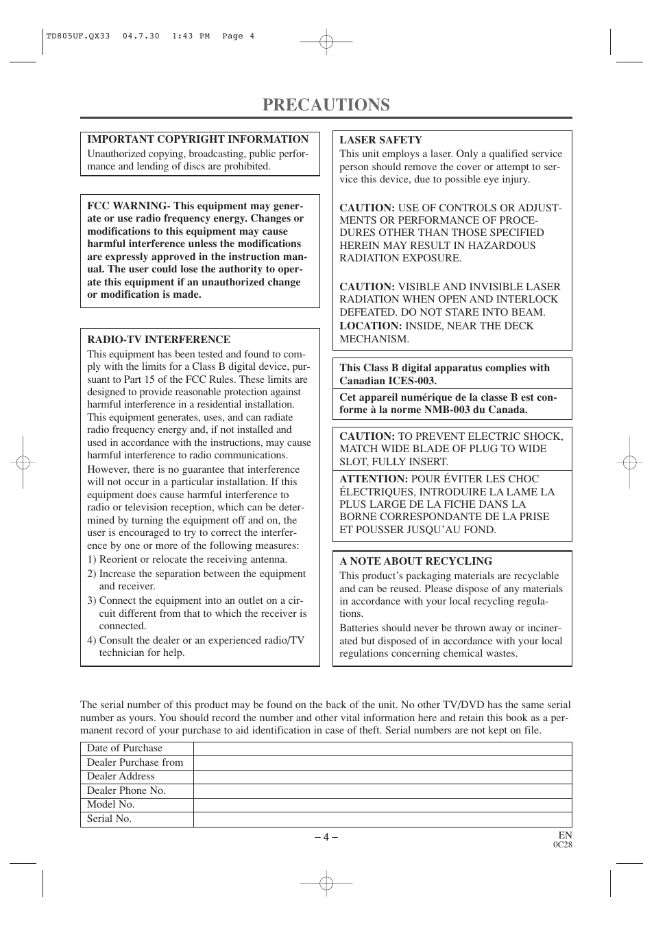 Precautions | Sylvania SRTD319 User Manual | Page 4 / 40