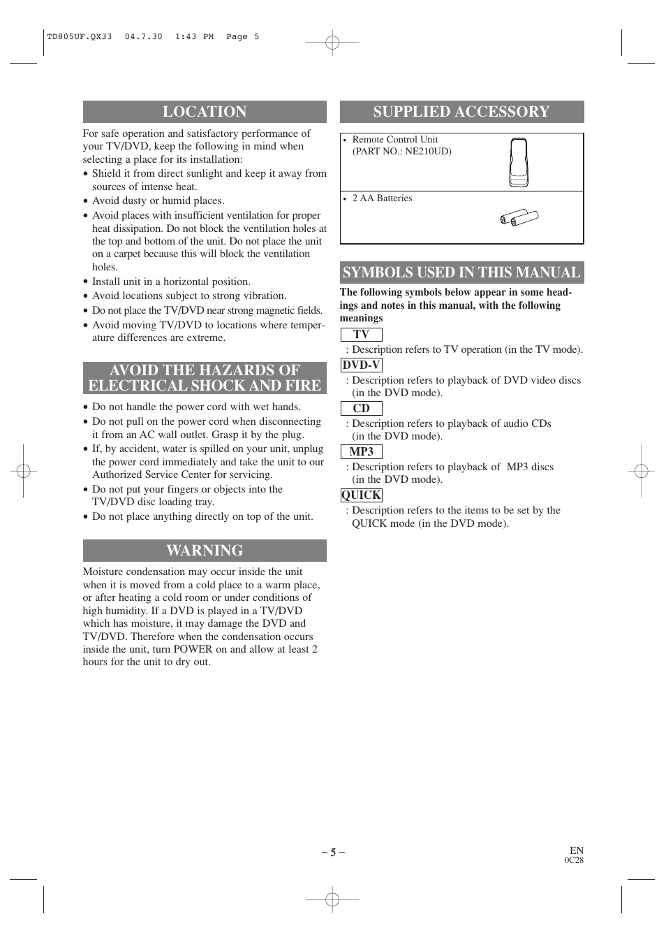 Warning, Symbols used in this manual supplied accessory | Sylvania SRTD319 User Manual | Page 5 / 40