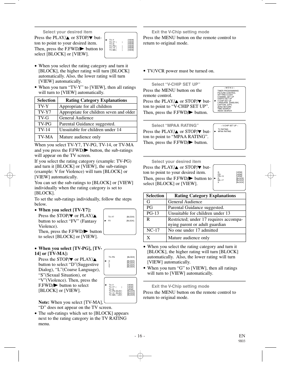 Mpaa rating set up, 16 - en, Make sure | Tv/vcr power must be turned on | Sylvania 63134C User Manual | Page 16 / 32