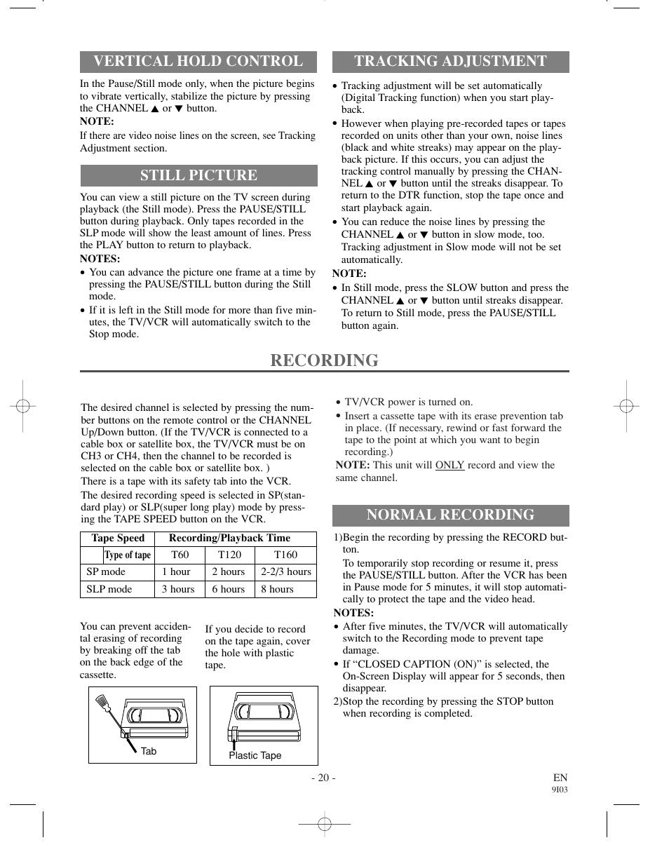 Recording, Normal recording, Tracking adjustment | Vertical hold control still picture | Sylvania 63134C User Manual | Page 20 / 32