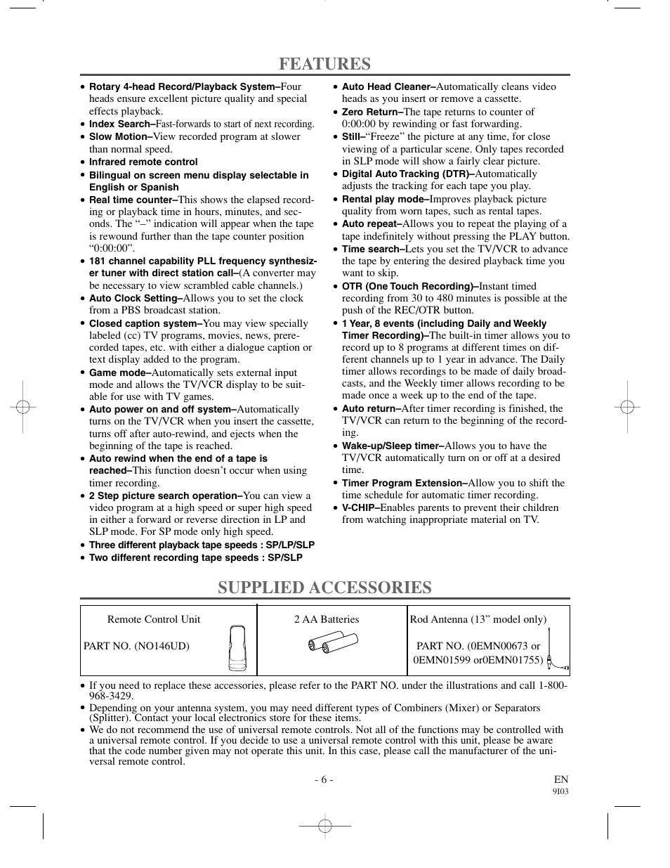 Features, Supplied accessories | Sylvania 63134C User Manual | Page 6 / 32