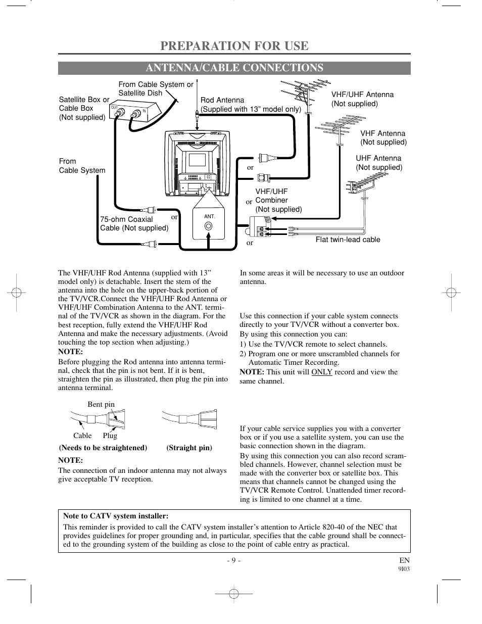 Preparation for use, Antenna/cable connections | Sylvania 63134C User Manual | Page 9 / 32