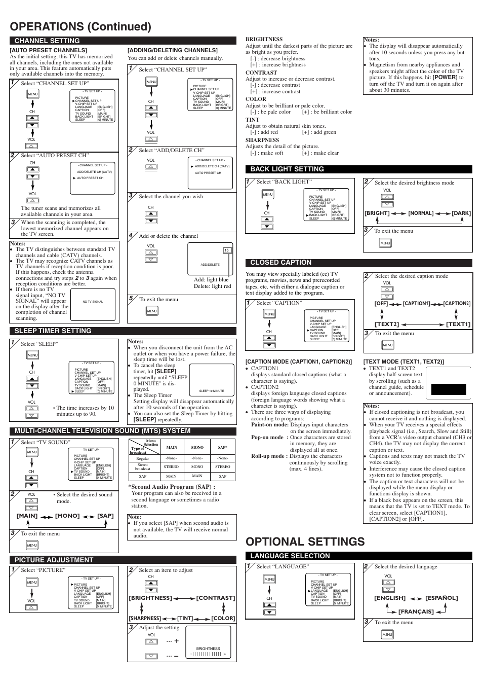 Operations (continued) optional settings, Picture adjustment, Channel setting | Language selection, Multi-channel television sound (mts) system, Sleep timer setting, Closed caption back light setting | Sylvania 6615LF User Manual | Page 3 / 8