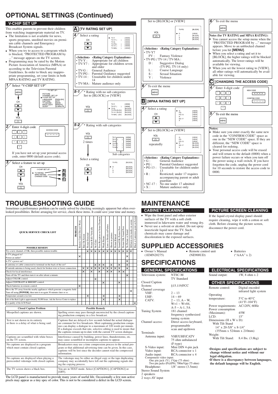 Supplied accessories, General specifications, Electrical specifications | Other specifications, Cabinet cleaning, Picture screen cleaning, V-chip set up | Sylvania 6615LF User Manual | Page 4 / 8