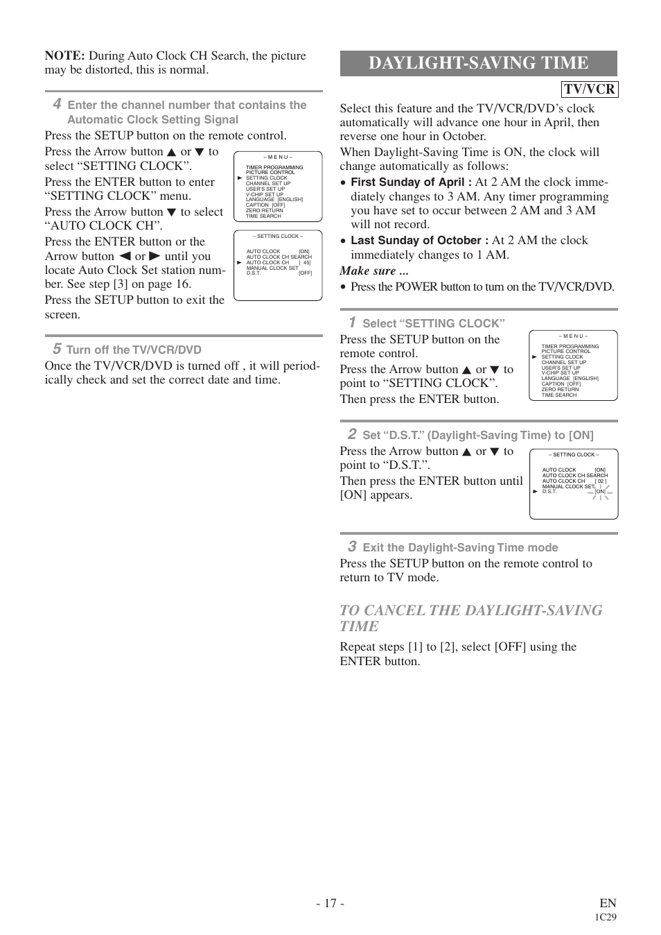 Daylight-saving time, Tv/vcr, 17 - en | Press the power button to turn on the tv/vcr/dvd | Sylvania 6727FDE User Manual | Page 17 / 56