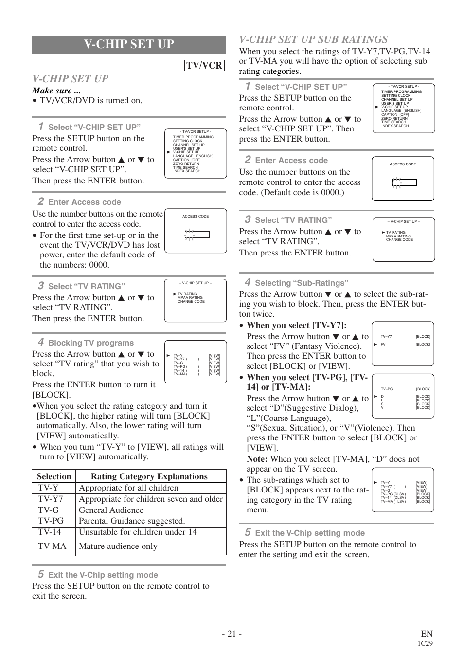 V-chip set up, V-chip set up sub ratings, Tv/vcr | 21 - en, Make sure, Tv/vcr/dvd is turned on | Sylvania 6727FDE User Manual | Page 21 / 56