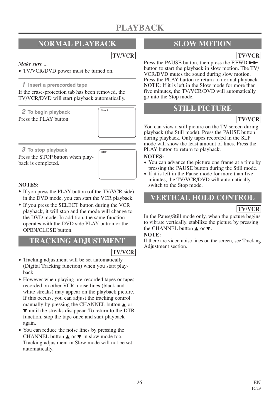 Playback, Normal playback, Tracking adjustment | Still picture, Vertical hold control, Slow motion | Sylvania 6727FDE User Manual | Page 26 / 56
