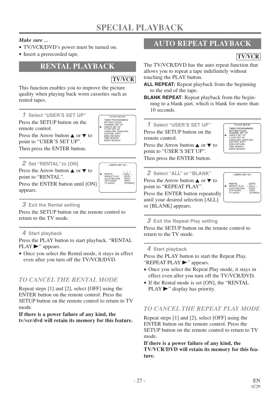 Special playback, Rental playback, Auto repeat playback | Tv/vcr | Sylvania 6727FDE User Manual | Page 27 / 56