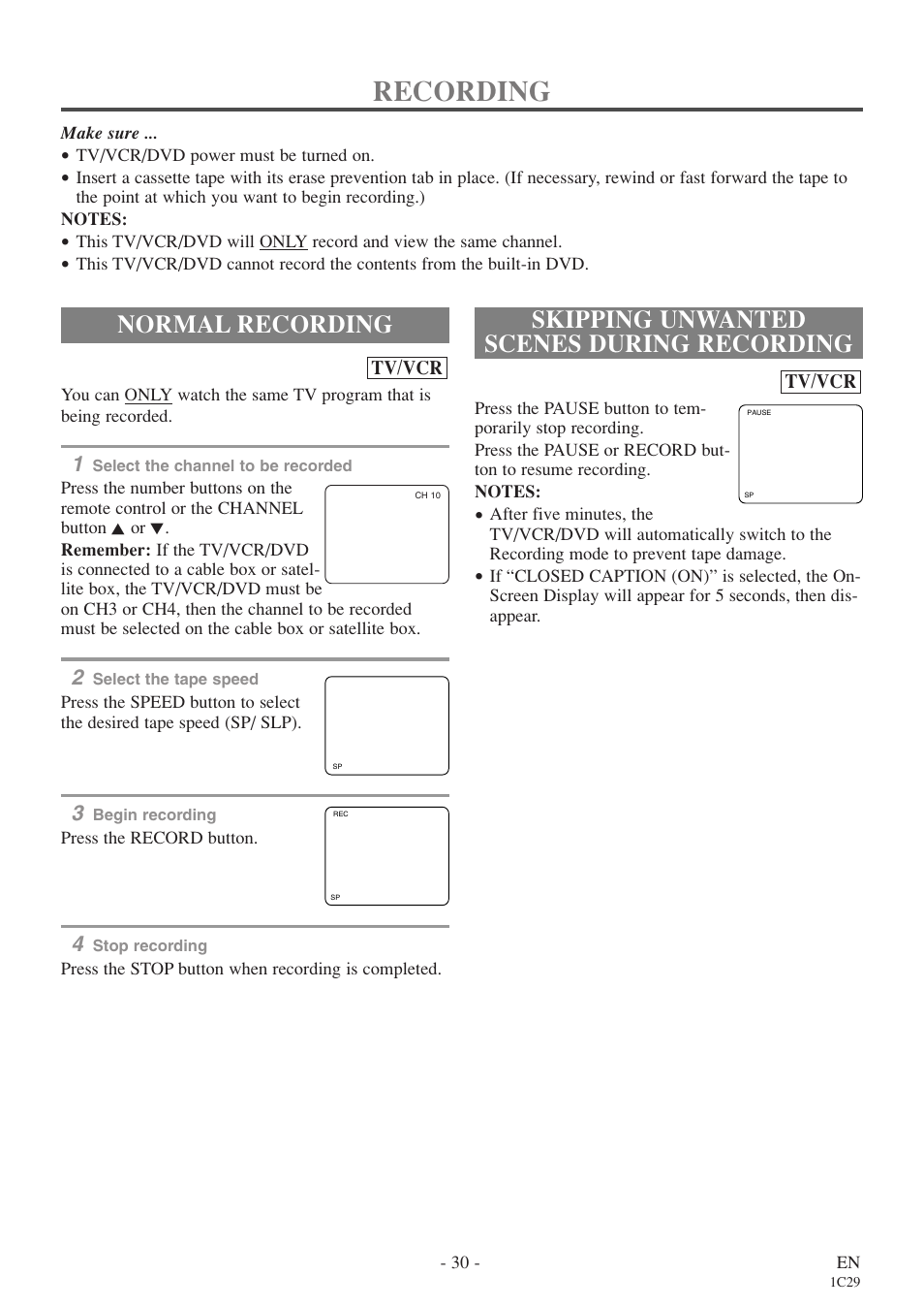 Recording, Normal recording, Skipping unwanted scenes during recording | Sylvania 6727FDE User Manual | Page 30 / 56