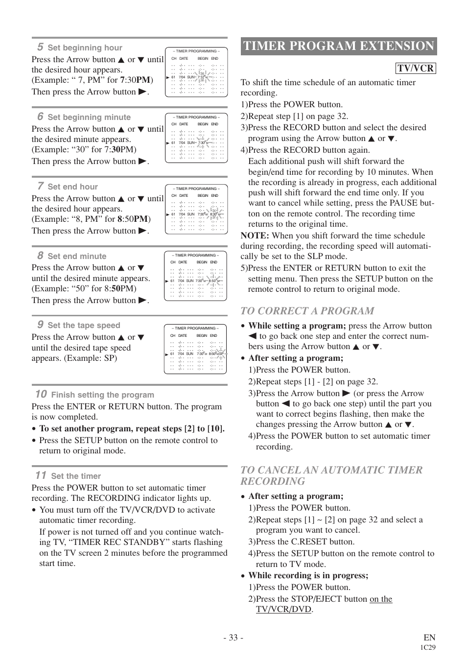 Timer program extension, Tv/vcr, 33 - en | Set beginning hour, Set beginning minute, Set end hour, Set end minute, Set the tape speed, Finish setting the program, Set the timer | Sylvania 6727FDE User Manual | Page 33 / 56