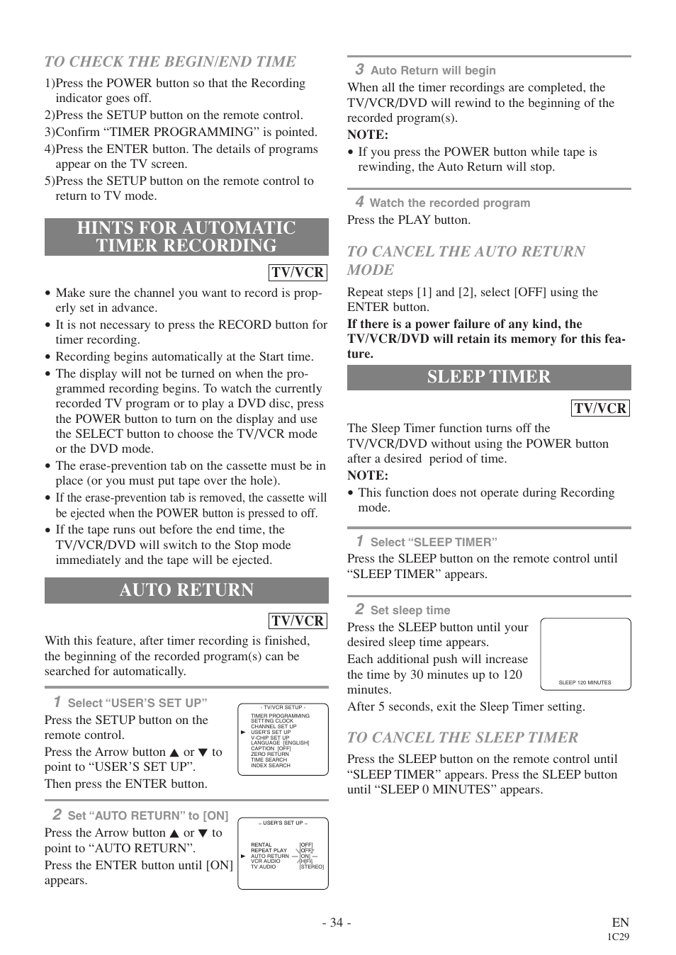 Hints for automatic timer recording, Auto return, Sleep timer | Sylvania 6727FDE User Manual | Page 34 / 56