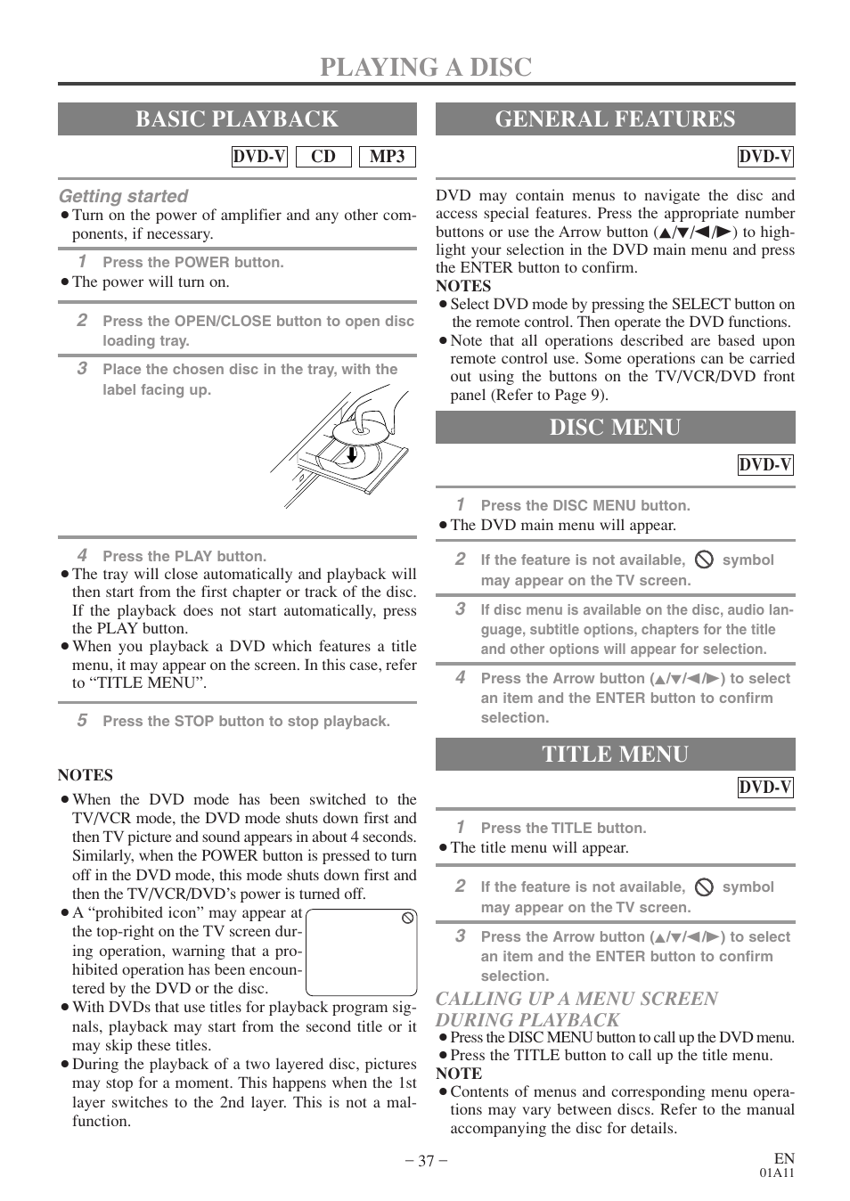 Playing a disc, Basic playback, General features | Title menu, Disc menu, Calling up a menu screen during playback | Sylvania 6727FDE User Manual | Page 37 / 56
