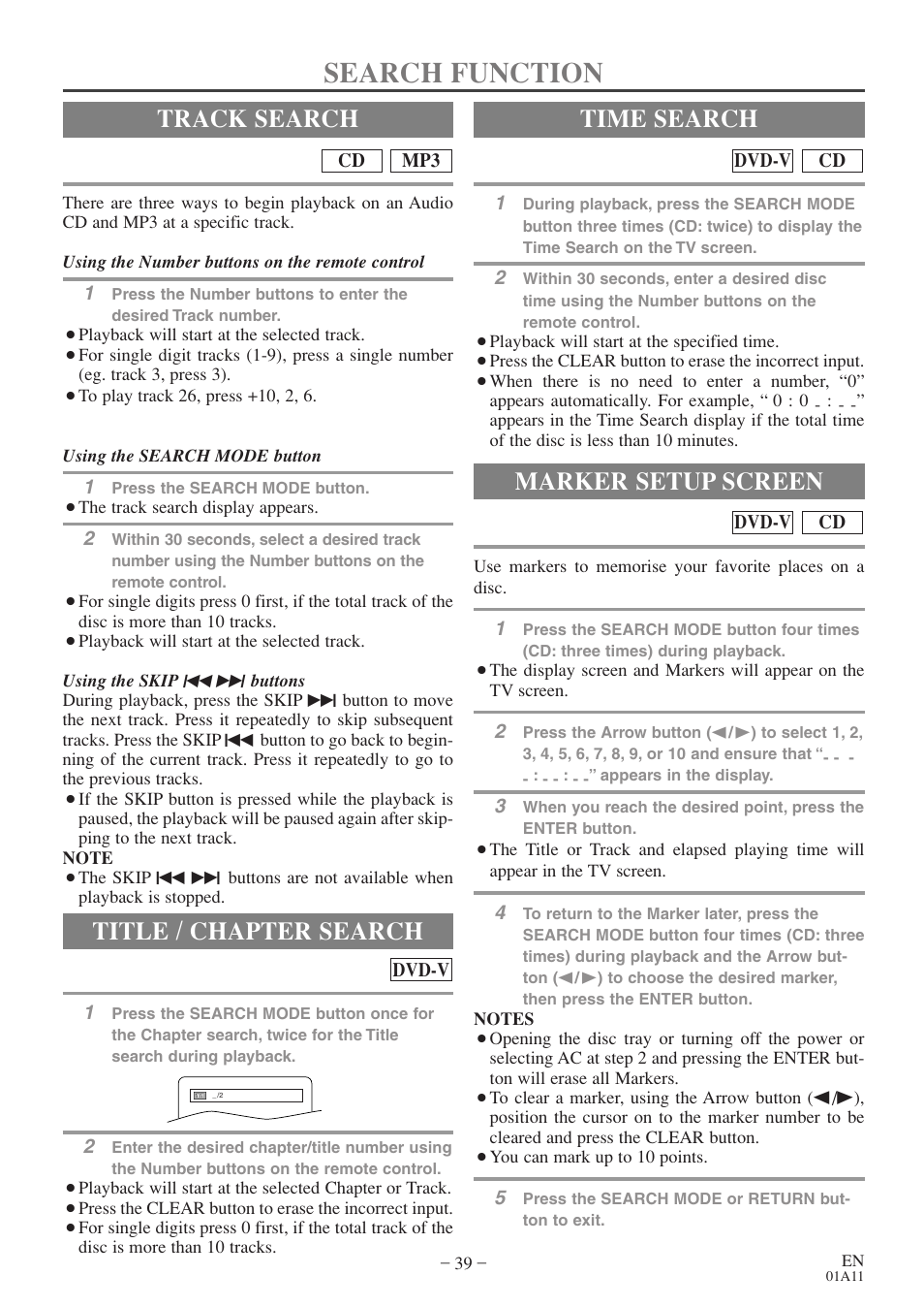 Search function, Track search, Title / chapter search | Time search, Marker setup screen | Sylvania 6727FDE User Manual | Page 39 / 56