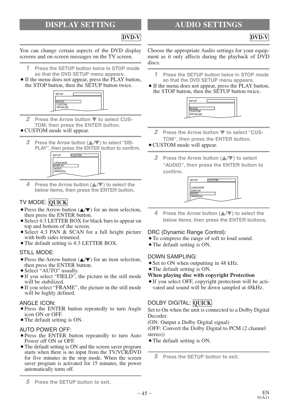 Audio settings, Display setting | Sylvania 6727FDE User Manual | Page 45 / 56