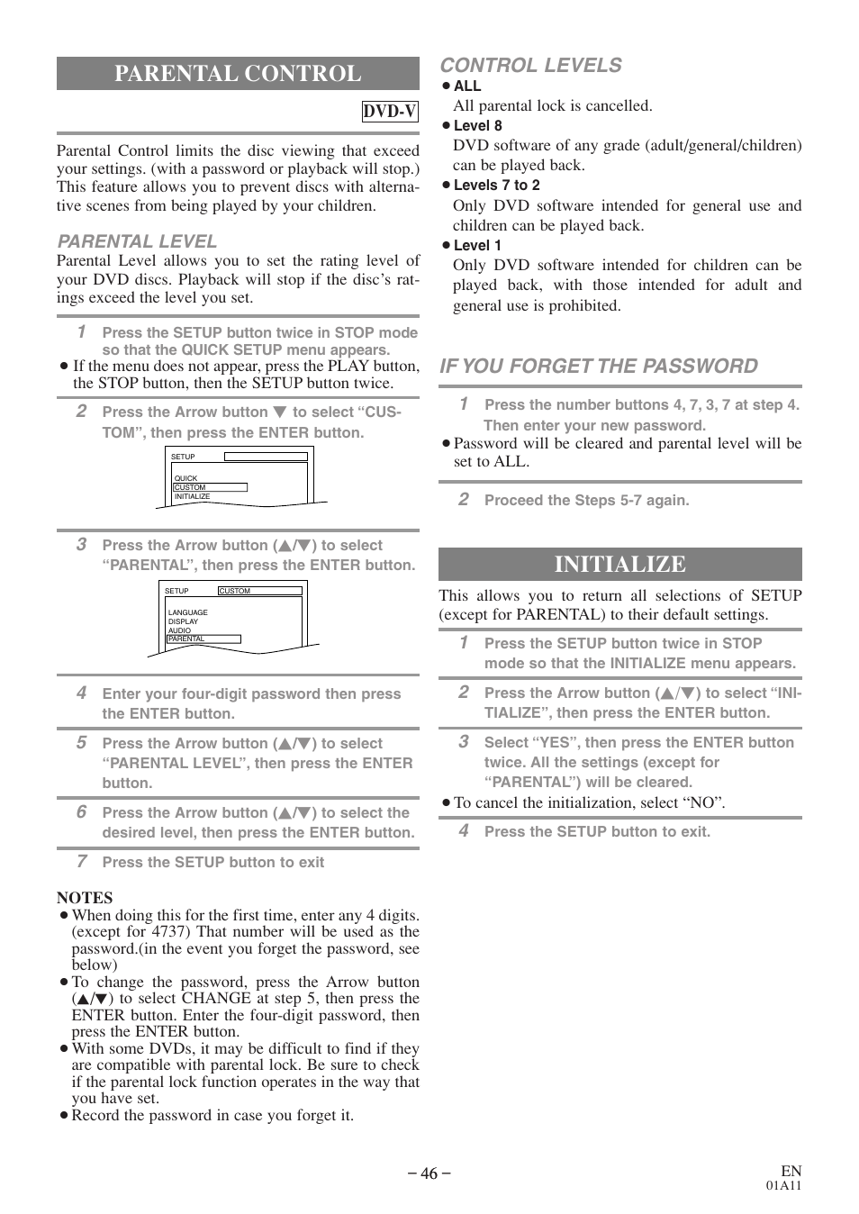 Parental control, Initialize, Control levels | If you forget the password | Sylvania 6727FDE User Manual | Page 46 / 56