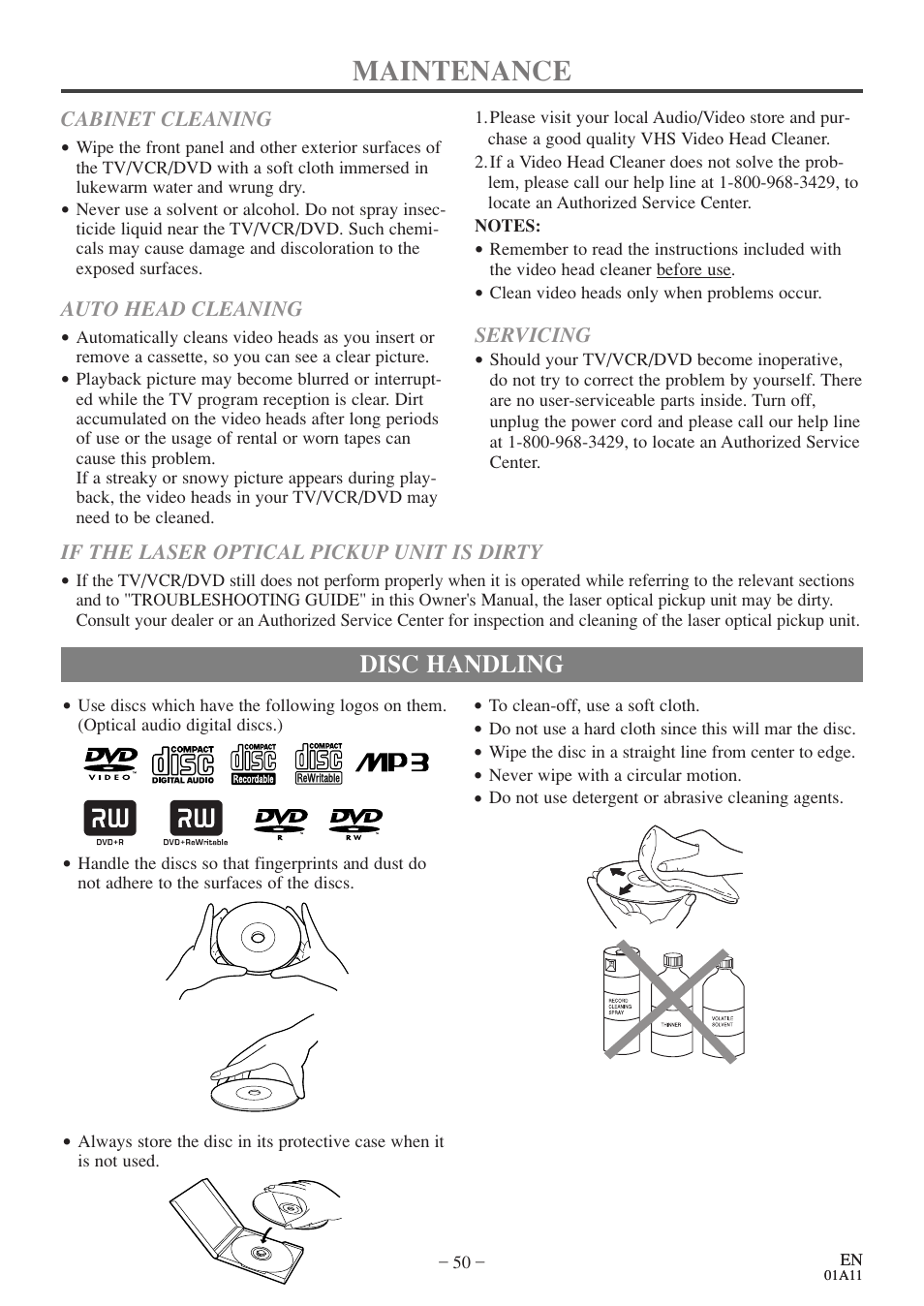 Maintenance, Disc handling | Sylvania 6727FDE User Manual | Page 50 / 56