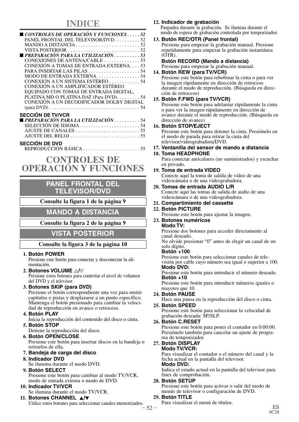 Indice, Controles de operación y funciones, Panel frontal del televisor/dvd | Mando a distancia, Vista posterior | Sylvania 6727FDE User Manual | Page 52 / 56