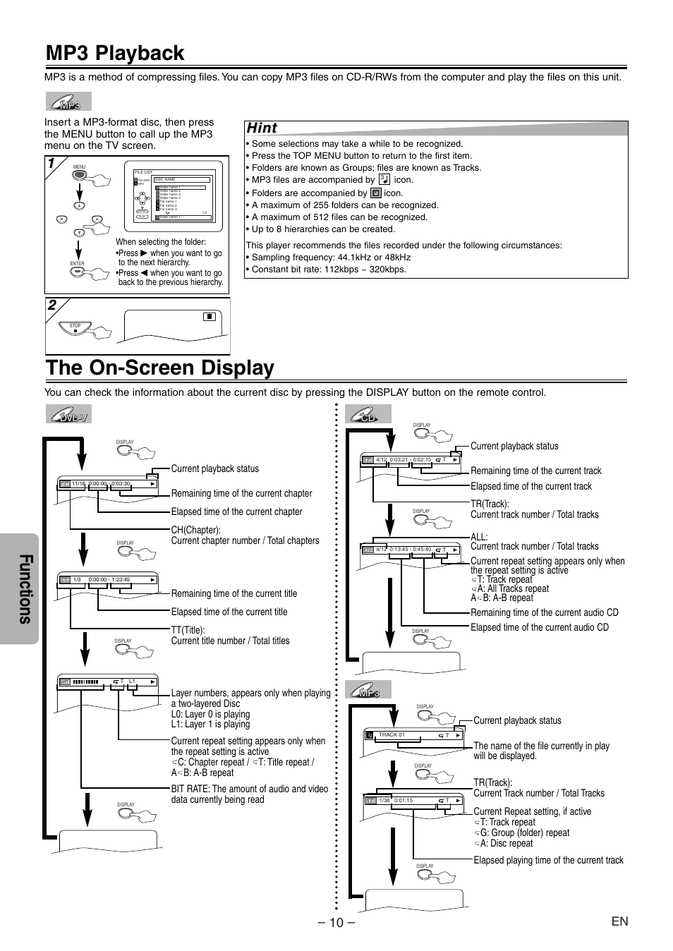 Mp3 playback, The on-screen display, Functions | Hint | Sylvania DVL120E User Manual | Page 10 / 20