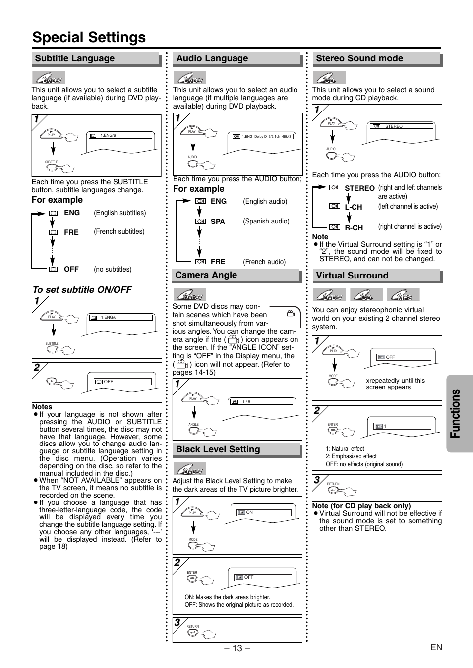 Special settings, Functions, Audio language | For example, Stereo sound mode camera angle, For example subtitle language, Black level setting, Virtual surround | Sylvania DVL120E User Manual | Page 13 / 20