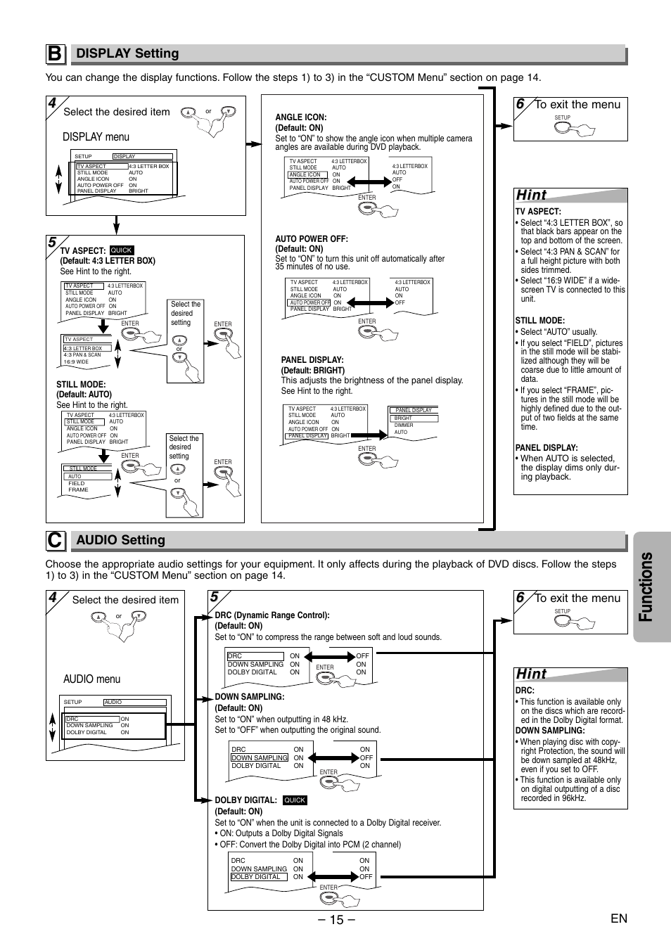 Functions, Hint, Display setting | Audio setting, Audio menu, Display menu | Sylvania DVL120E User Manual | Page 15 / 20