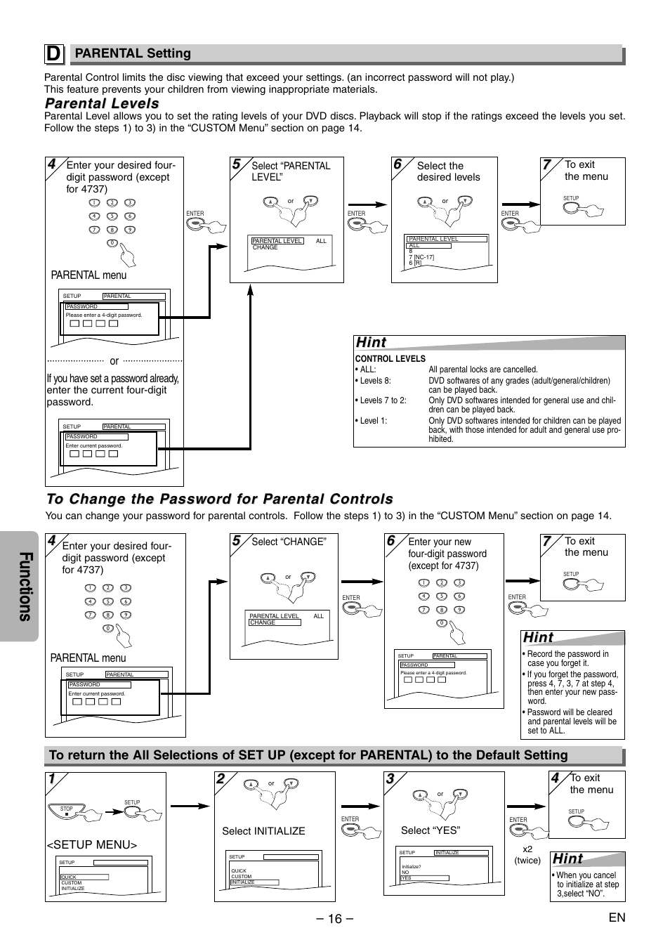Functions, 4hint hint, Parental arental le le vels vels | Hint, Parental setting | Sylvania DVL120E User Manual | Page 16 / 20