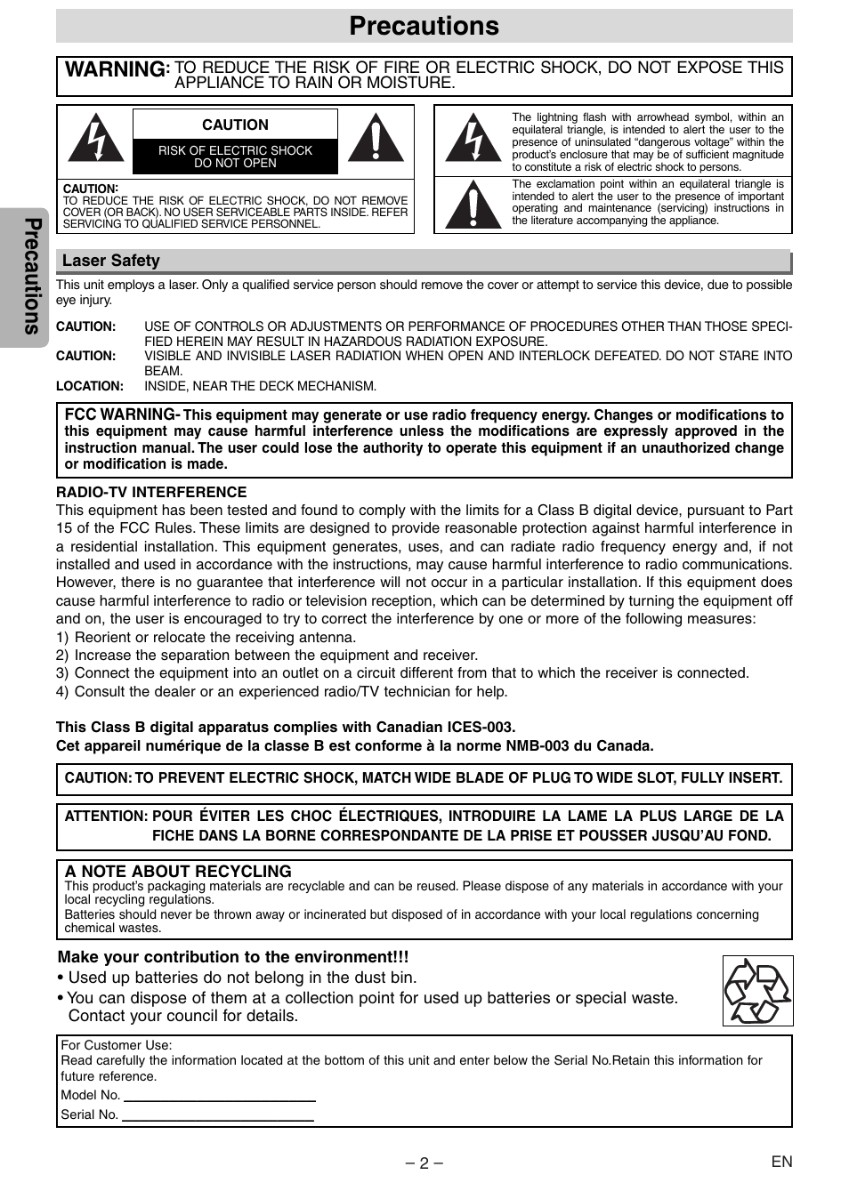 Precautions, Warning | Sylvania DVL120E User Manual | Page 2 / 20