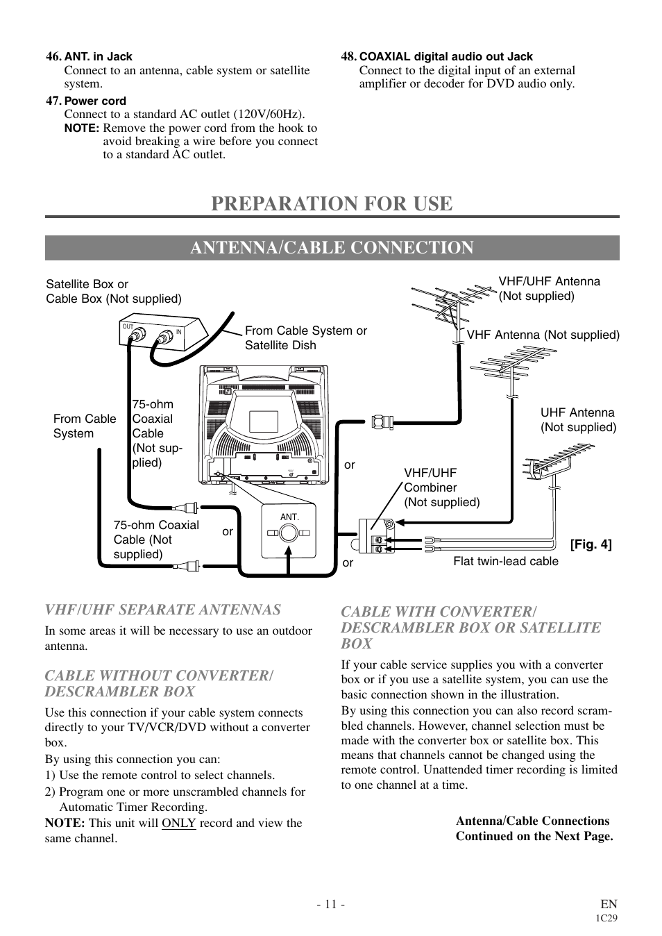 Preparation for use, Antenna/cable connection, Cable without converter/ descrambler box | Vhf/uhf separate antennas | Sylvania RSEC720E User Manual | Page 11 / 56