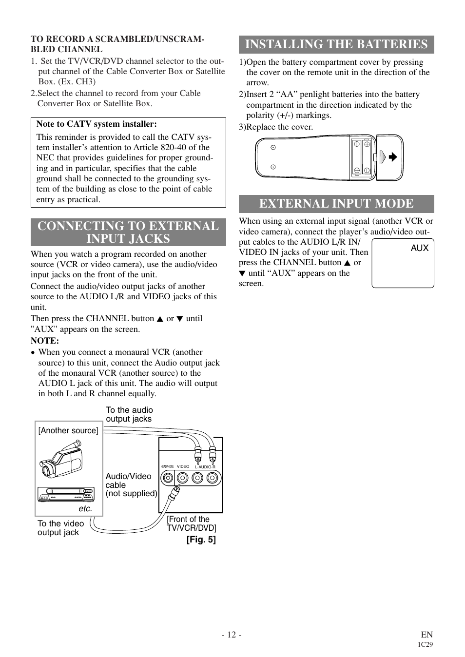 Installing the batteries, External input mode, Connecting to external input jacks | Sylvania RSEC720E User Manual | Page 12 / 56